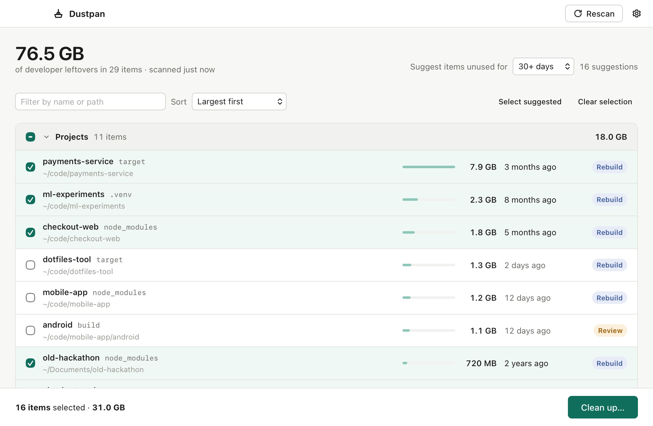 Dustpan's main window listing project folders such as payments-service target at 7.9 GB used 3 months ago, grouped under Projects, with checkboxes, sizes, last used dates and Rebuild or Review labels.